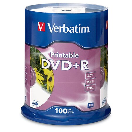 Verbatim Verbatim DVD+R, 4.7 GB, 16X Inkjet Printable, Hub Logo, PK100 95145
